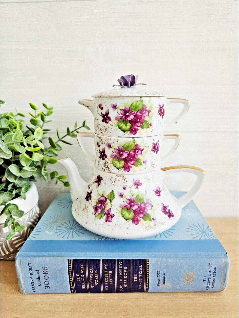 Vintage Lefton China Violets Stacking Tea Set Teapot Creamer Sugar & Lid #985